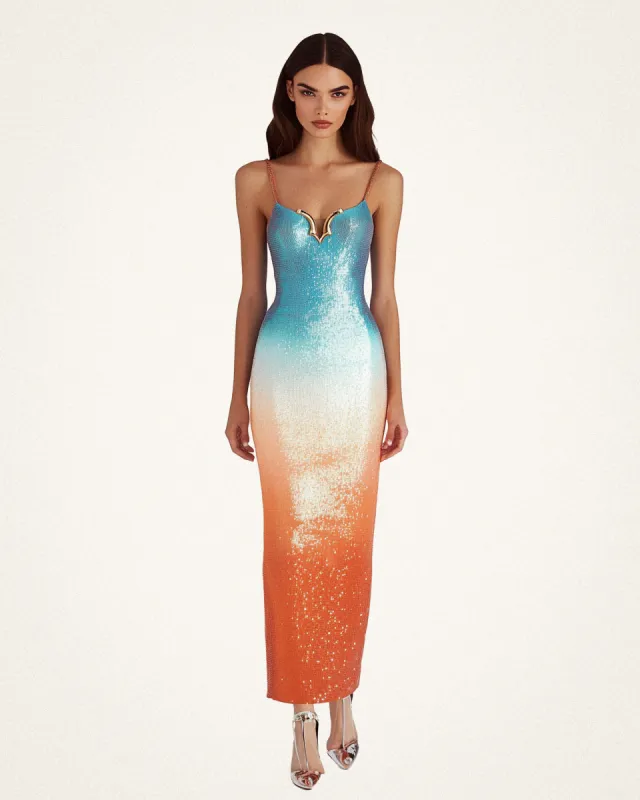 Aurora Metallic Detailed Sequin Dress  - Blue/Orange sold by JW PEI