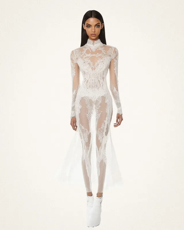 Serena Lace Floral Embellished Dress - White sold by JW PEI