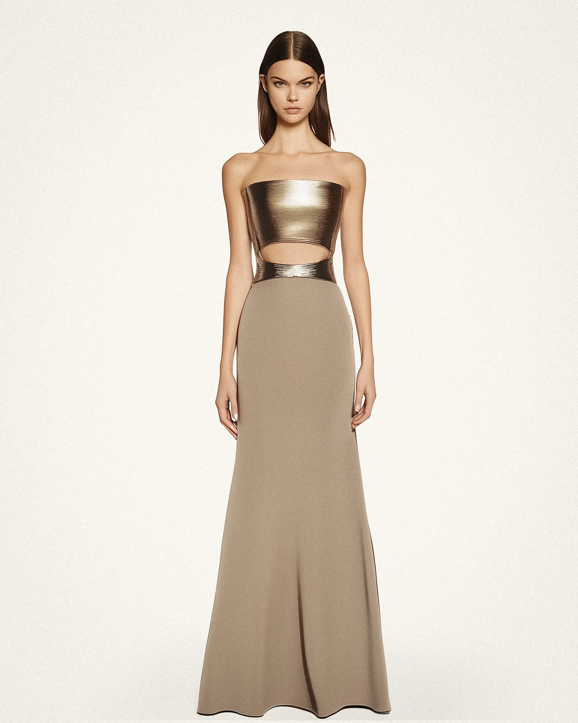 Aaliyah Metallic Bodice Cutout Dress - Bronze/Taupe sold by JW PEI