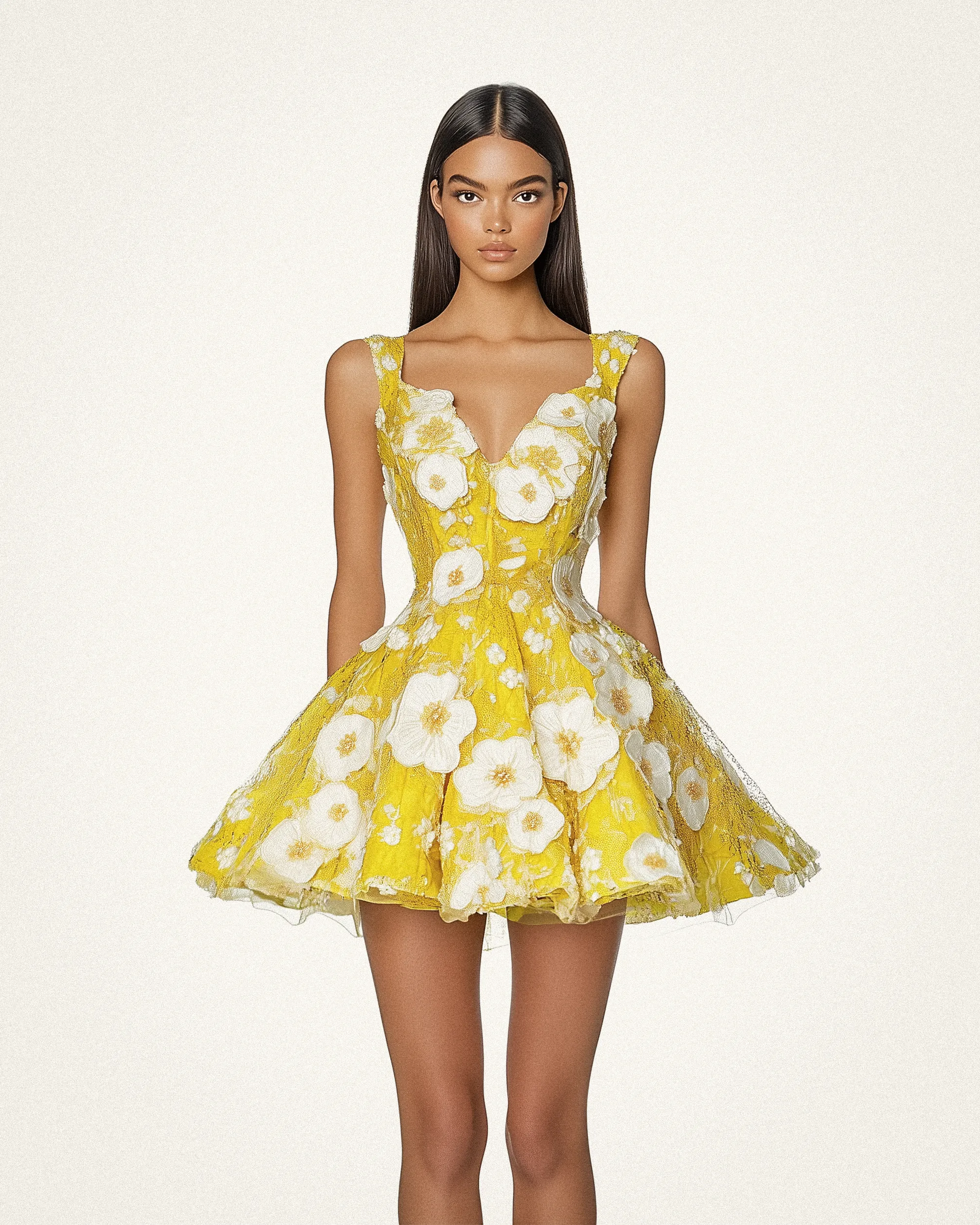 Lillian Flower Embroidery Mini Dress - Yellow sold by JW PEI