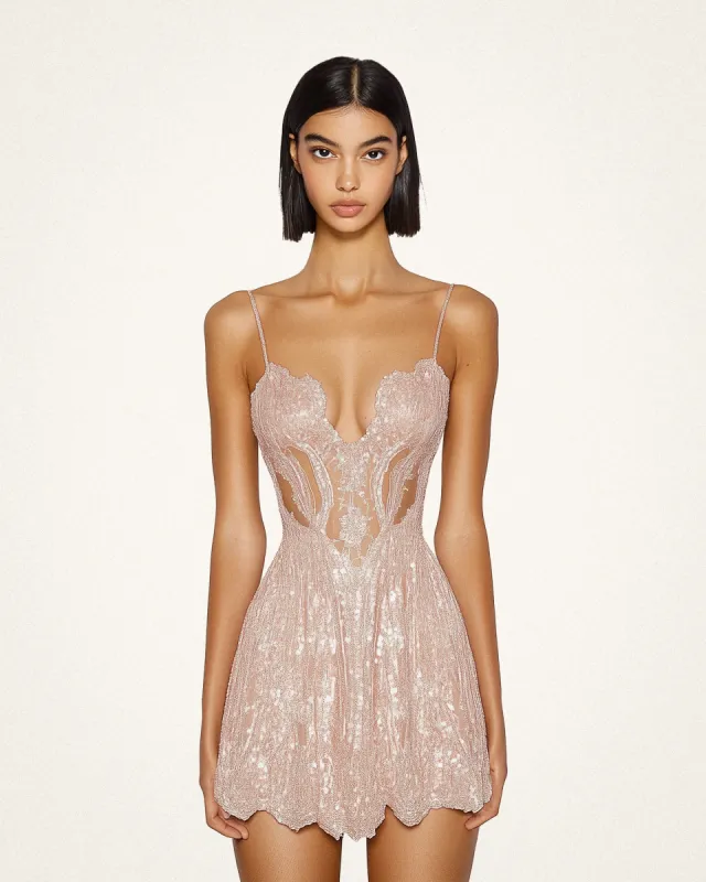 Nora Cutout Sequins Mini Dress - Nude Pink sold by JW PEI