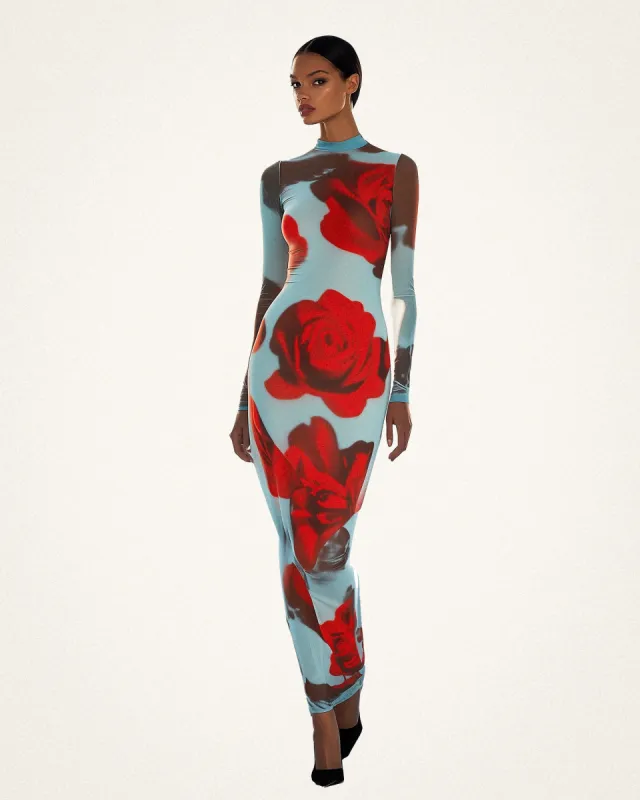 Aaliyah Rose Print Mesh Dress - Red/Blue sold by JW PEI