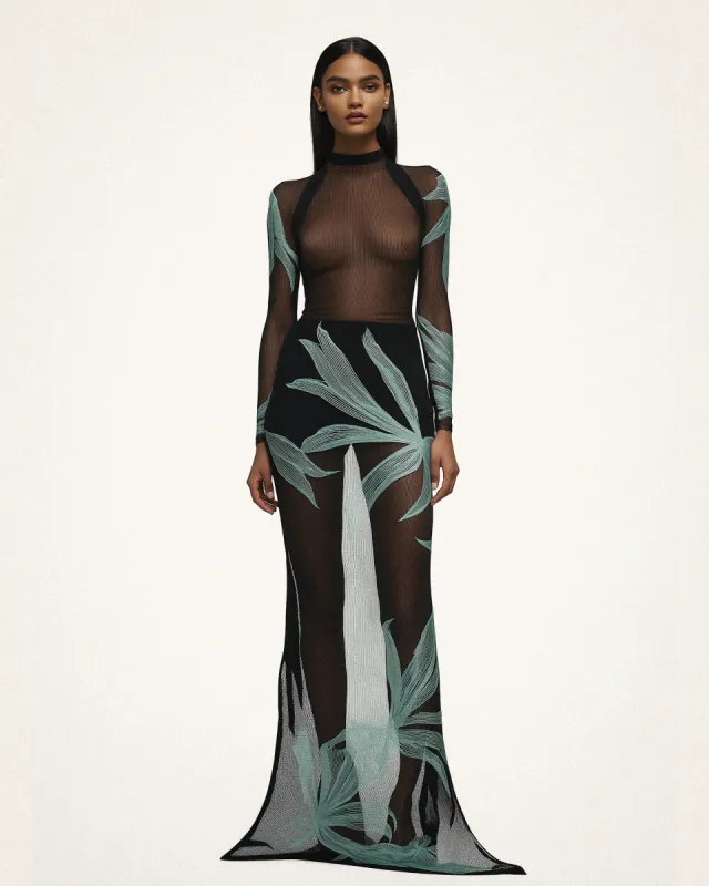 Bailey Tropical Print Sheer Maxi Dress - Black & Green sold by JW PEI