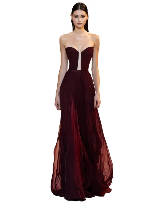Lily Strapless Ruched Evening Dress - Burgundy sold by JW PEI