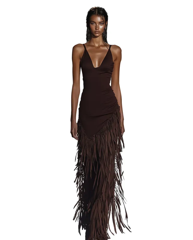 Victoria Fringe Detailed Evening Gown - Brown sold by JW PEI