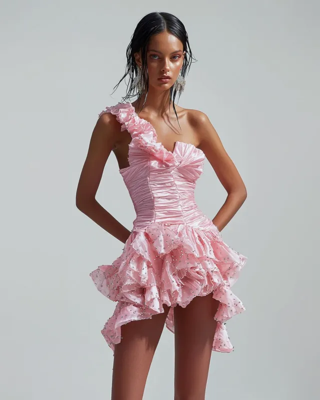 Ruby Asymmetrical Ruffle Dress - Pink sold by JW PEI