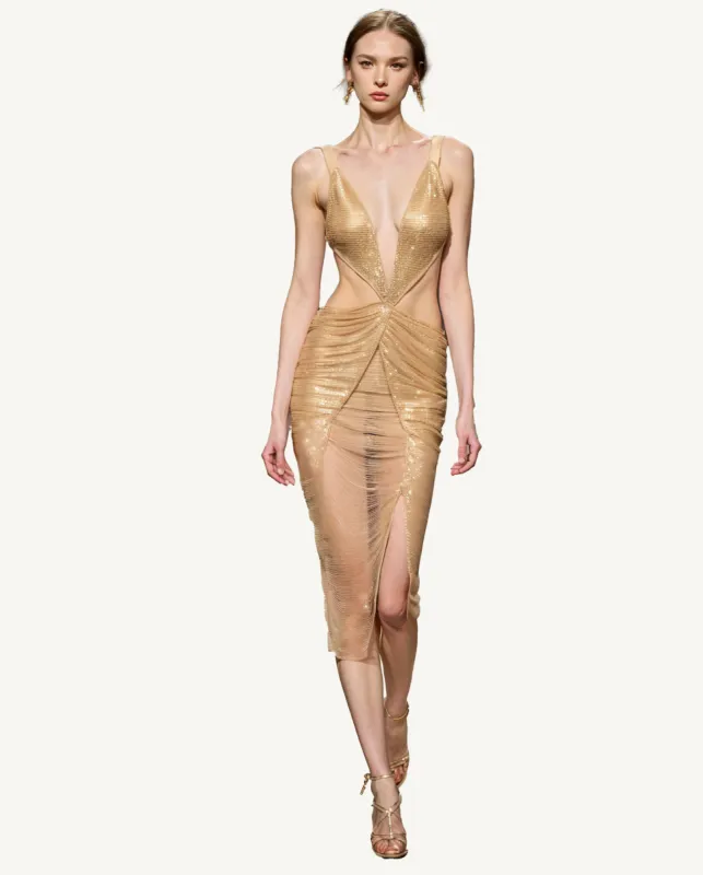 Claire Sequin Evening Dress - Gold sold by JW PEI