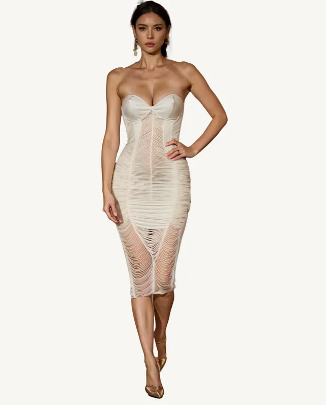 Caroline Ruched Strapless Midi Dress - Ivory sold by JW PEI