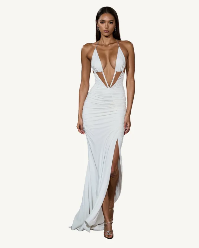 Lucy Plunging Halter Gown - White sold by JW PEI