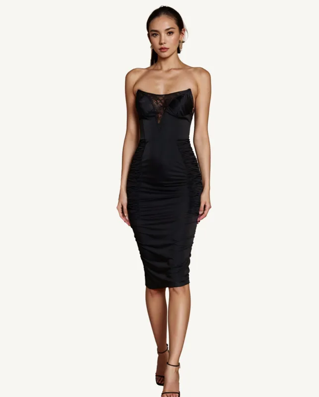 Gabriella Strapless Satin Midi Dress - Black sold by JW PEI
