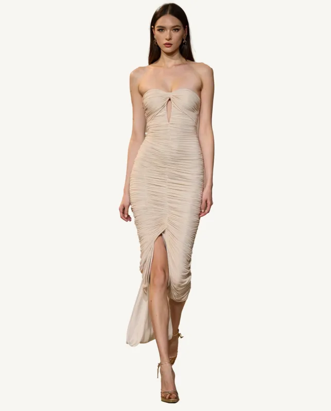 Scarlett Ruched Midi Evening Dress - Nude sold by JW PEI