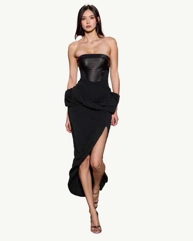 Penelope Strapless Satin Slit Dress - Black sold by JW PEI