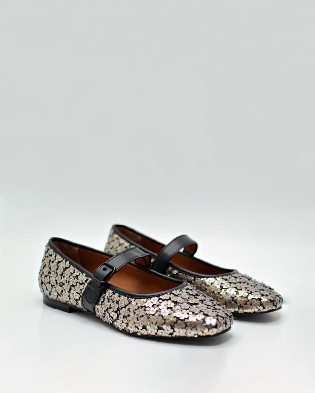 Allison Glitter Floral Flats - Black & Silver sold by JW PEI