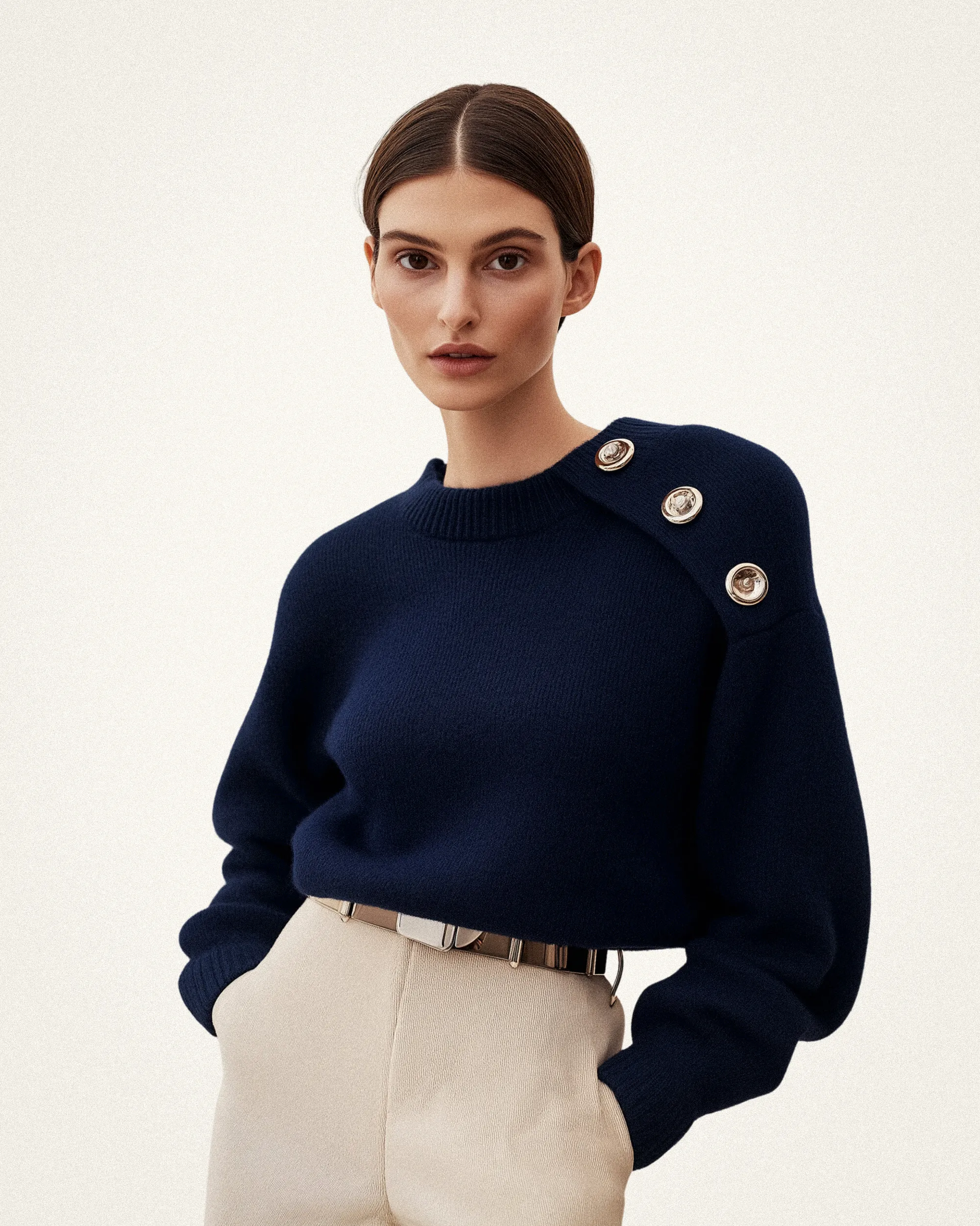 Natalie Buttoned Shoulder Sweater - Navy sold by JW PEI