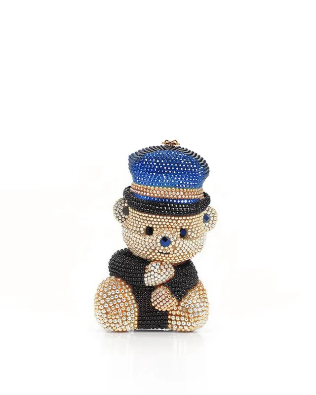 Audrey Teddy Bear Crystal Clutch - Blue and Gold sold by JW PEI
