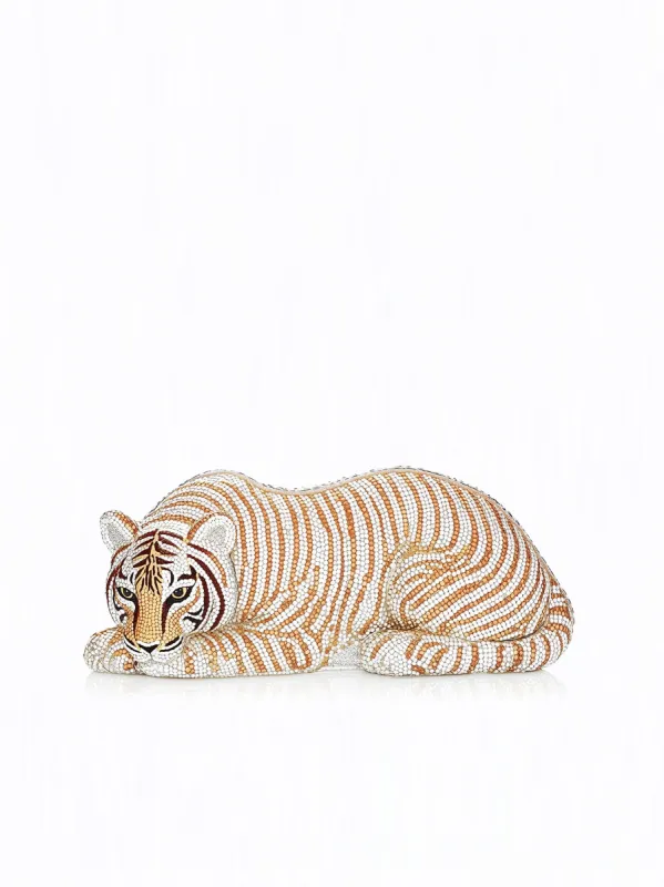 Cora Resting Tiger Crystal Clutch - White and Gold sold by JW PEI