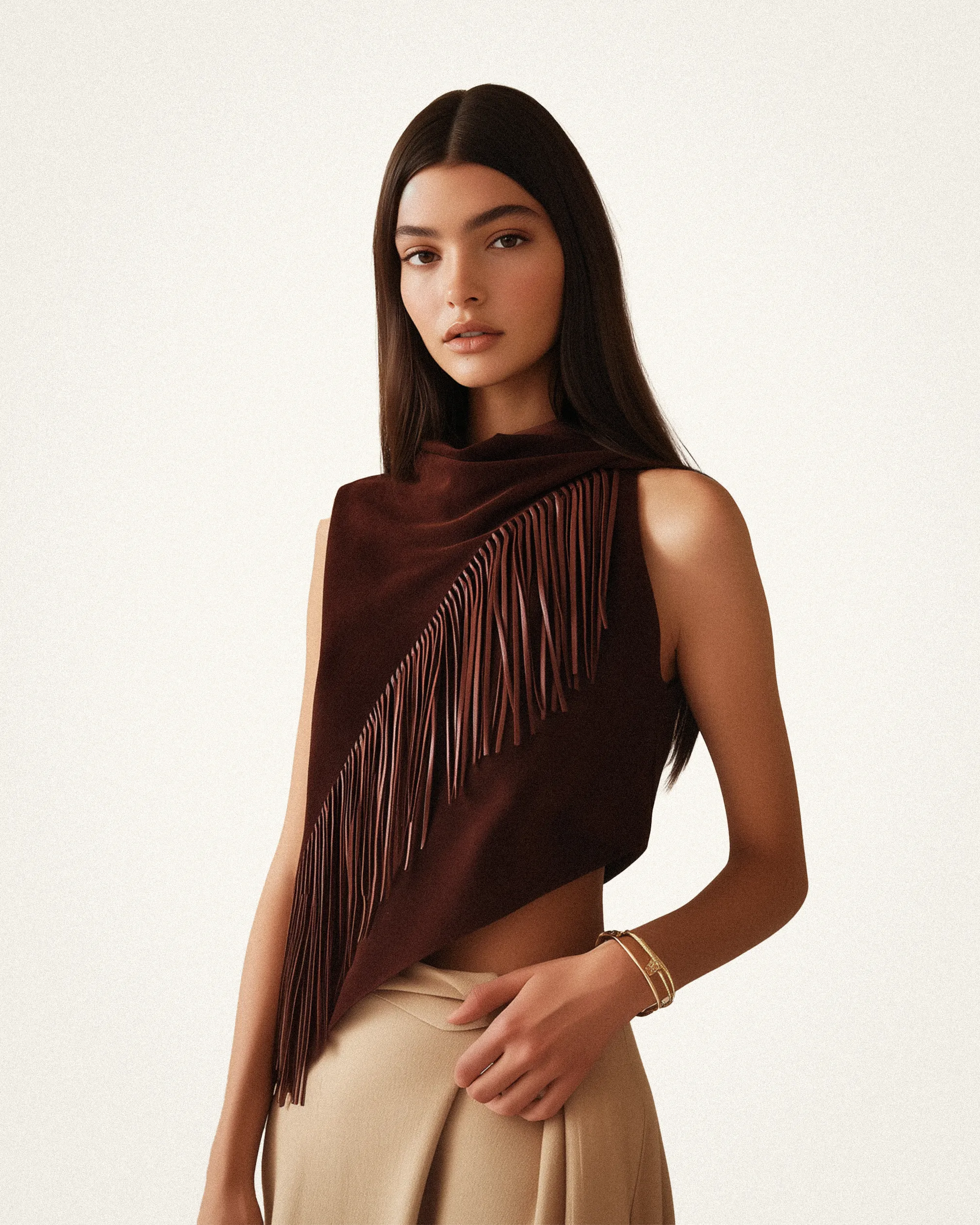 Adeline Asymmetric Fringe Sueded Top - Burgundy sold by JW PEI