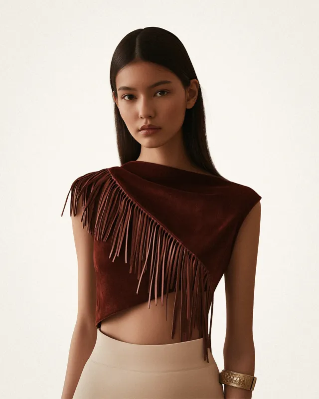Ariana Asymmetric Fringe Sueded Top - Burgundy sold by JW PEI