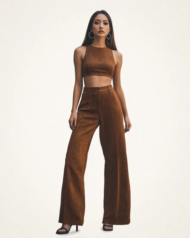 Gianna Suede Straight Wide Leg Pants - Brown sold by JW PEI