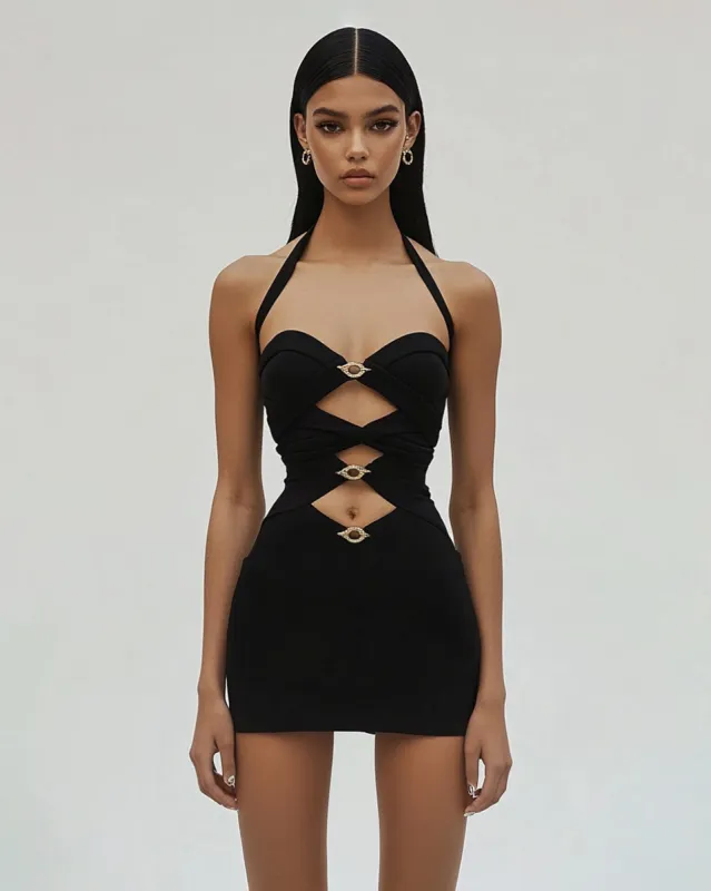 Seraphine Halter Cut-Out Mini Dress - Black sold by JW PEI