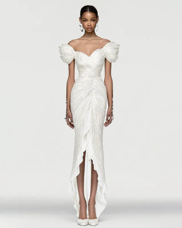 Lydia Off-Shoulder Ruched Gown - White sold by JW PEI