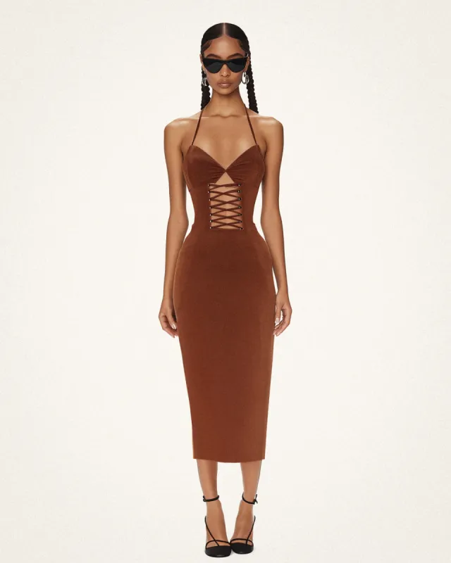 Madison Lace-Up Midi Dress - Brown sold by JW PEI