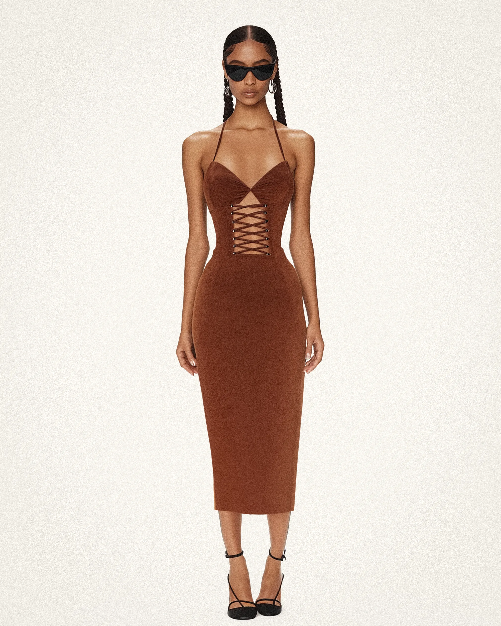 Madison Lace-Up Midi Dress - Brown sold by JW PEI