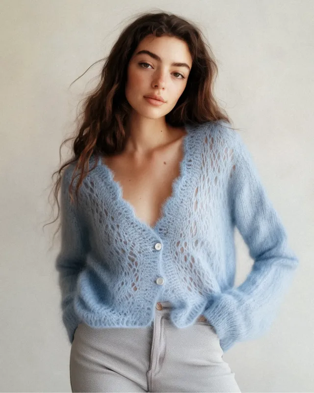 Taylor Scallop Trim Open Knit Cardigan - Light Blue sold by JW PEI