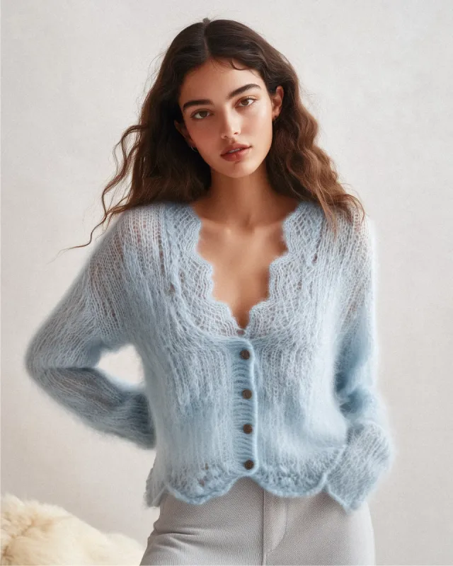Ivy Scallop Trim Cardigan - Light Blue sold by JW PEI