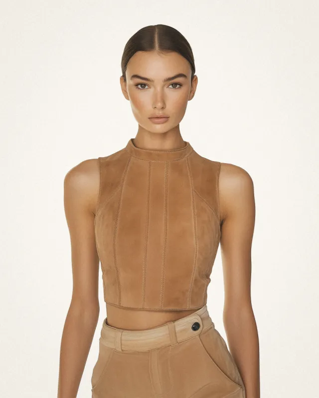 Emily Mock Neck Suede Crop Top - Brown sold by JW PEI