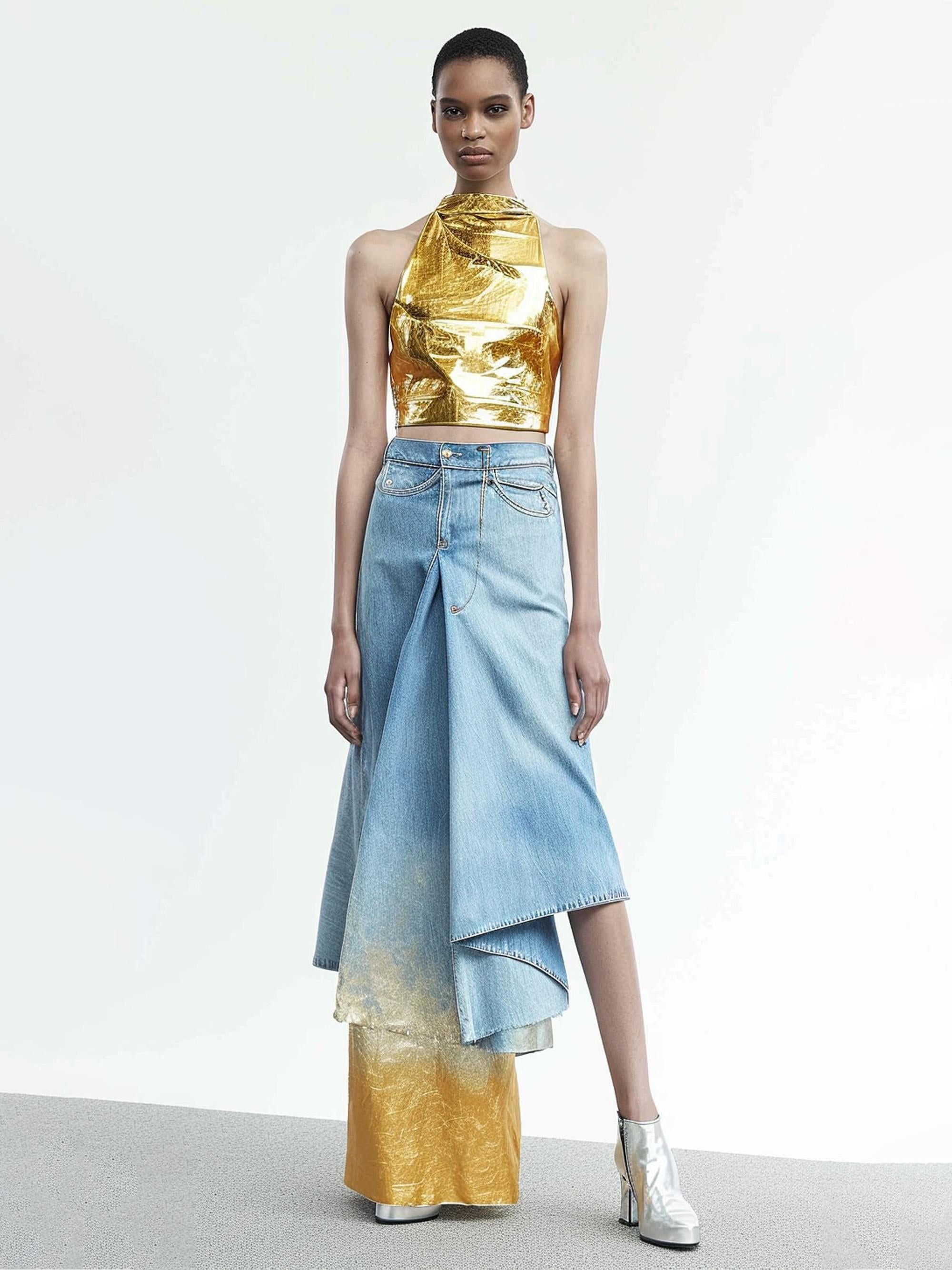 Pleated Colorblock Denim Maxi Skirt - Blue sold by JW PEI