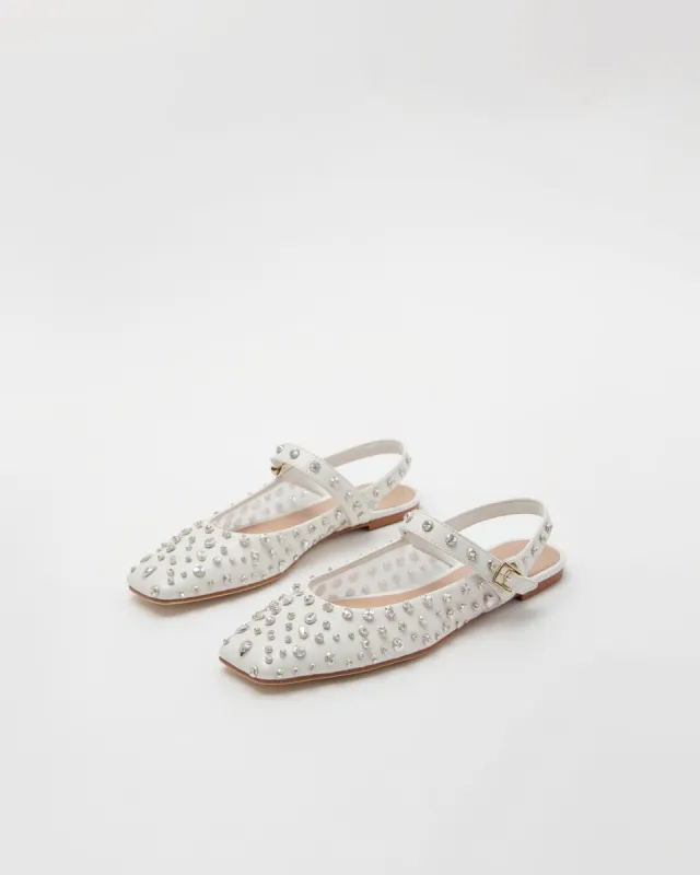 Emily Rhinestone Embellished Slingback Flats - White sold by JW PEI