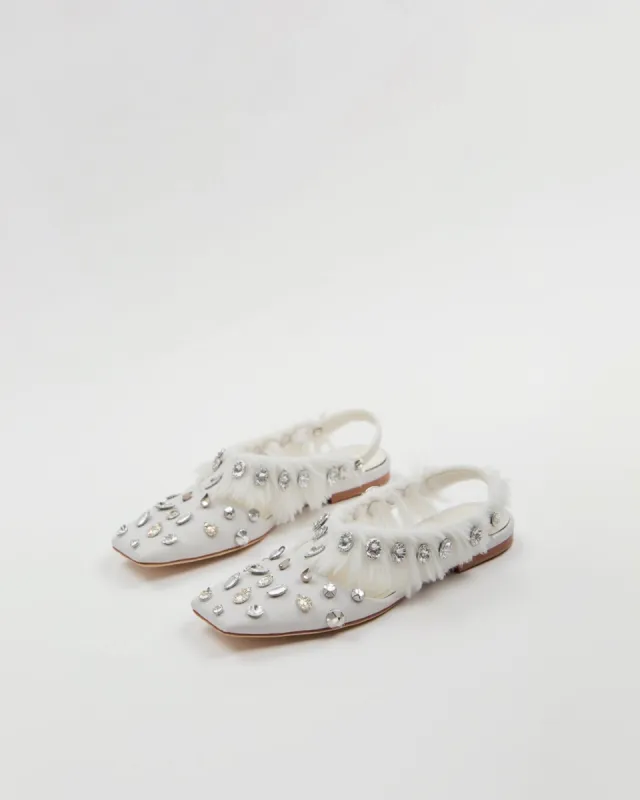 Ava Rhinestone Embellished Slingback Flats - White sold by JW PEI