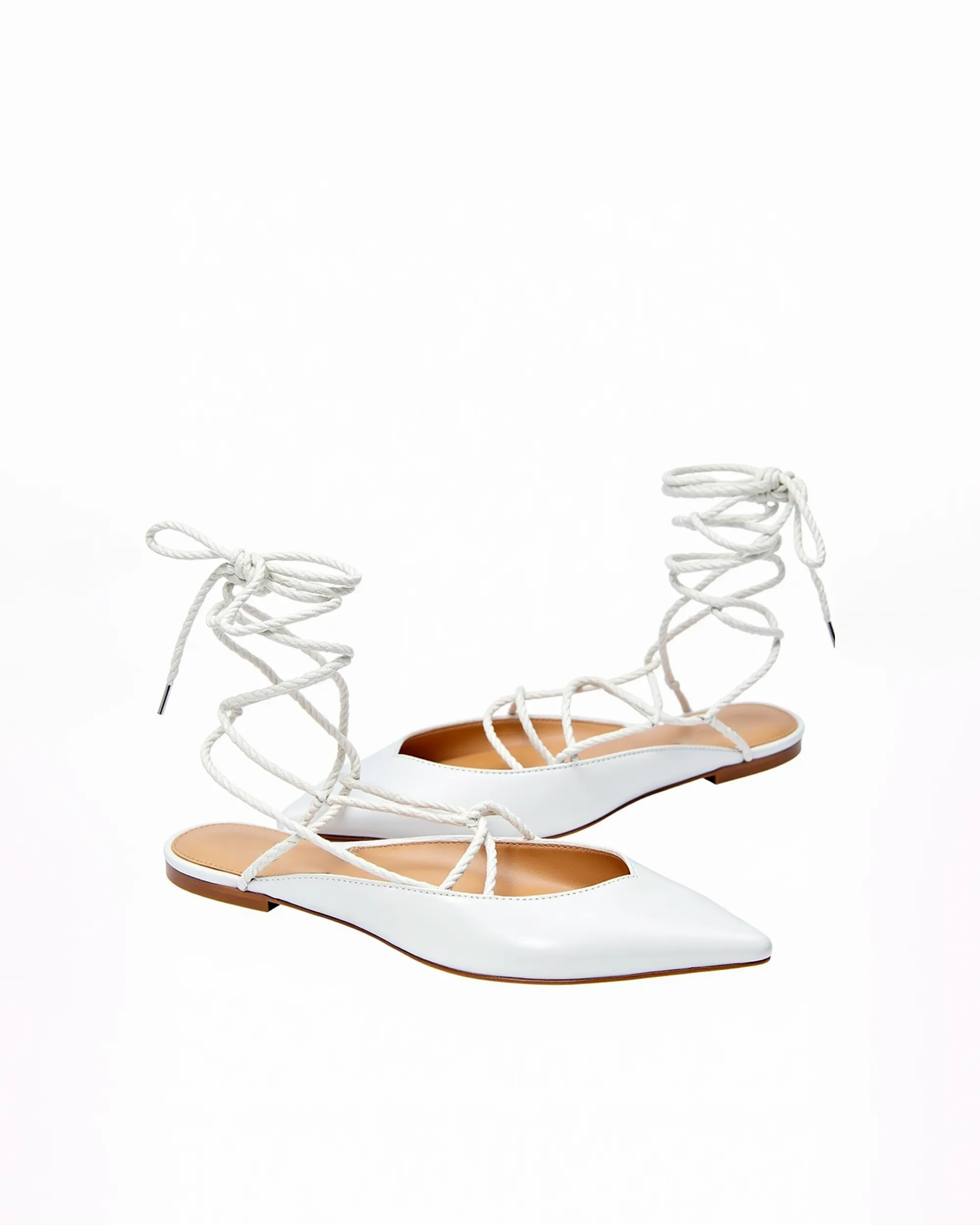 Hitomi Lace-Up Pointed Toe Flats - White sold by JW PEI