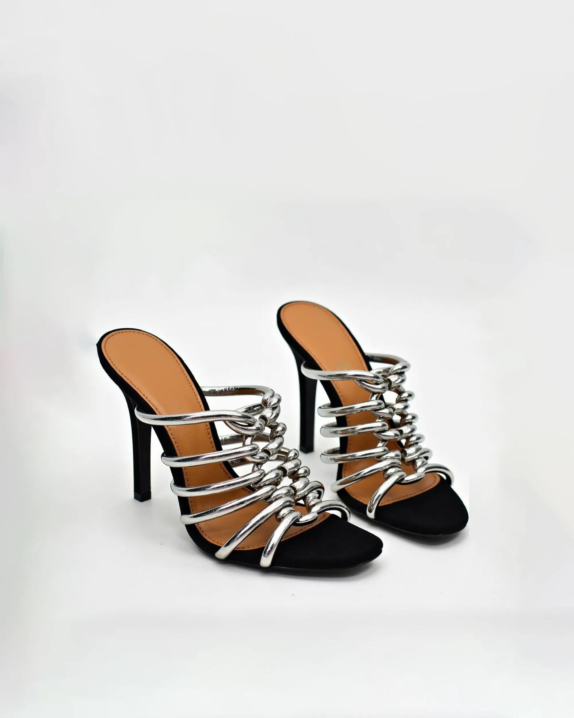 Piper Chain Detail Heeled Sandals - Black/Silver sold by JW PEI