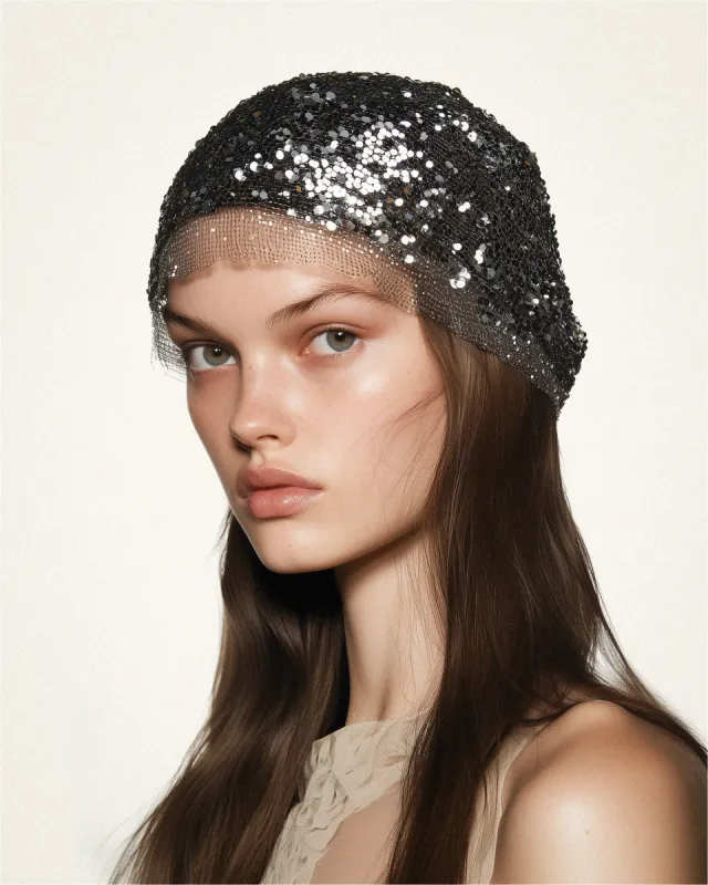Gianna Overlay Sequin Beanie Hat - Dark Silver sold by JW PEI