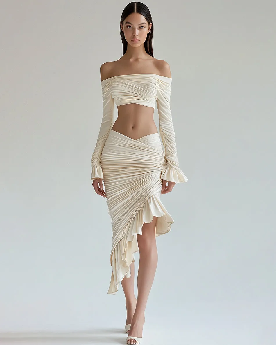 Aurora Crop Top & Asymmetric Pleated Skirt Set - Cream sold by JW PEI