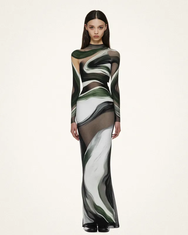 Aurora Abstract Swirl Long Dress - Green/Black sold by JW PEI