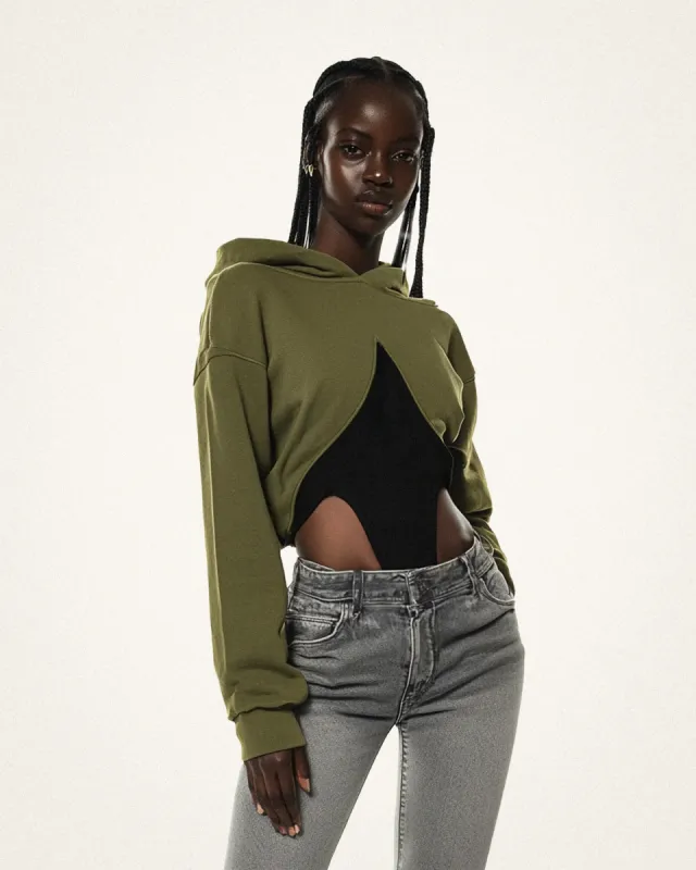 Emily Cut-Out Layered Hoodie - Olive/Black sold by JW PEI