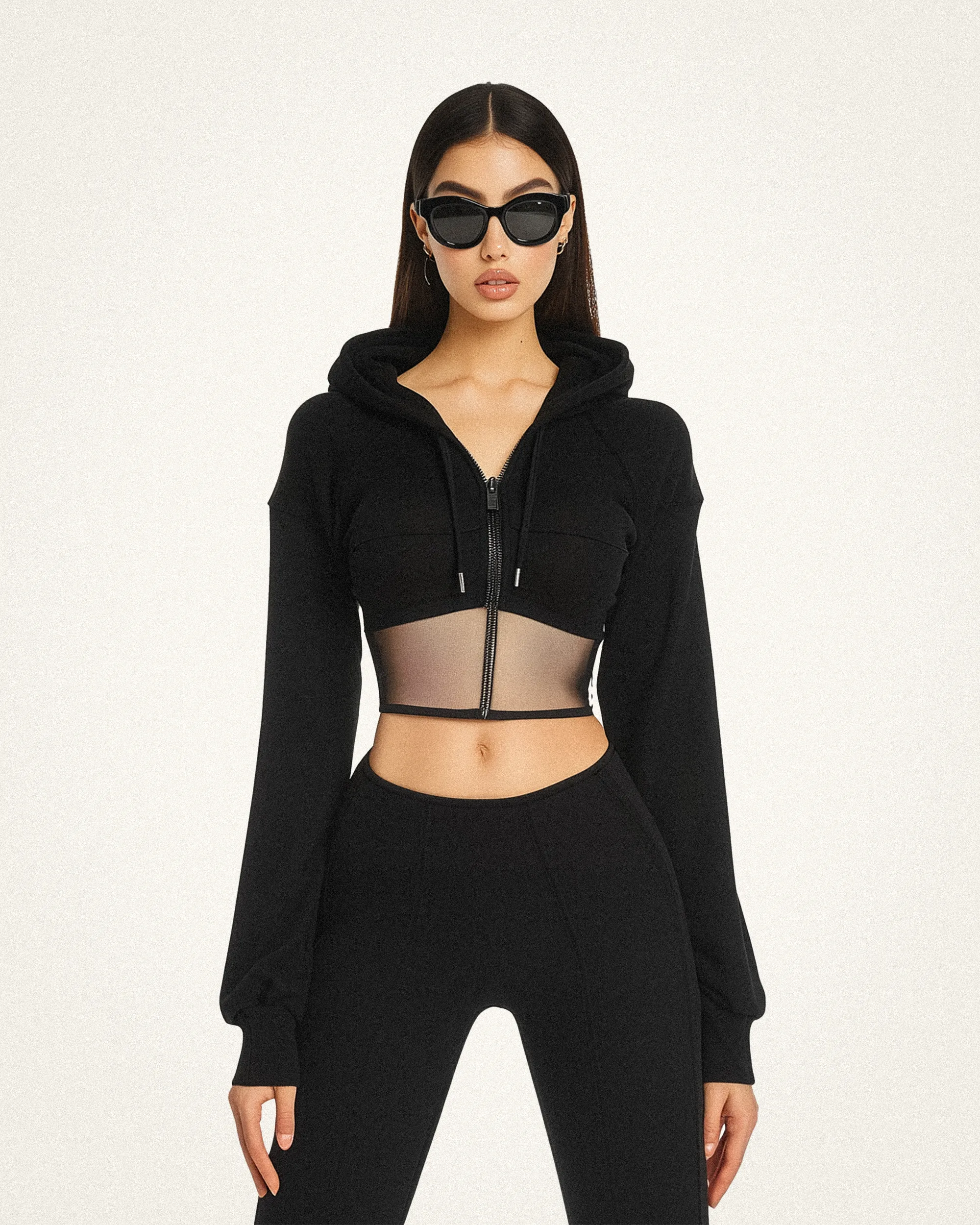 Luna Cropped Mesh Panel Hoodie - Black sold by JW PEI