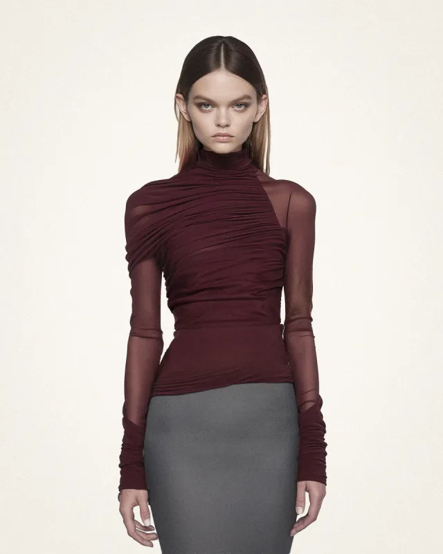 Ella Sheer Ruched Turtleneck Top - Burgundy sold by JW PEI