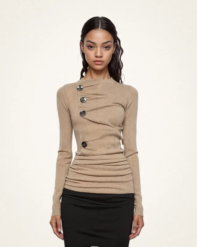 Chloe Asymmetrical Buttoned Top - Camel sold by JW PEI