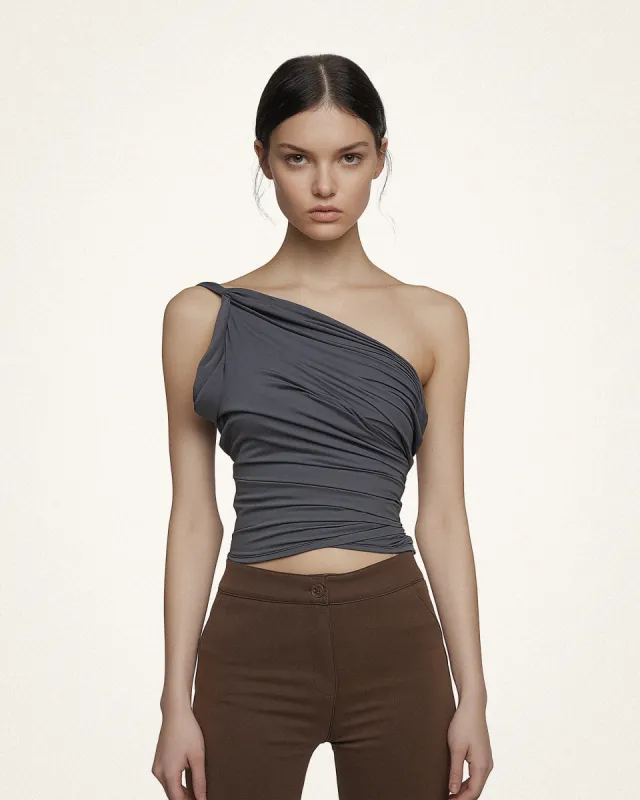 Leah One-Shoulder Draped Top - Gray sold by JW PEI