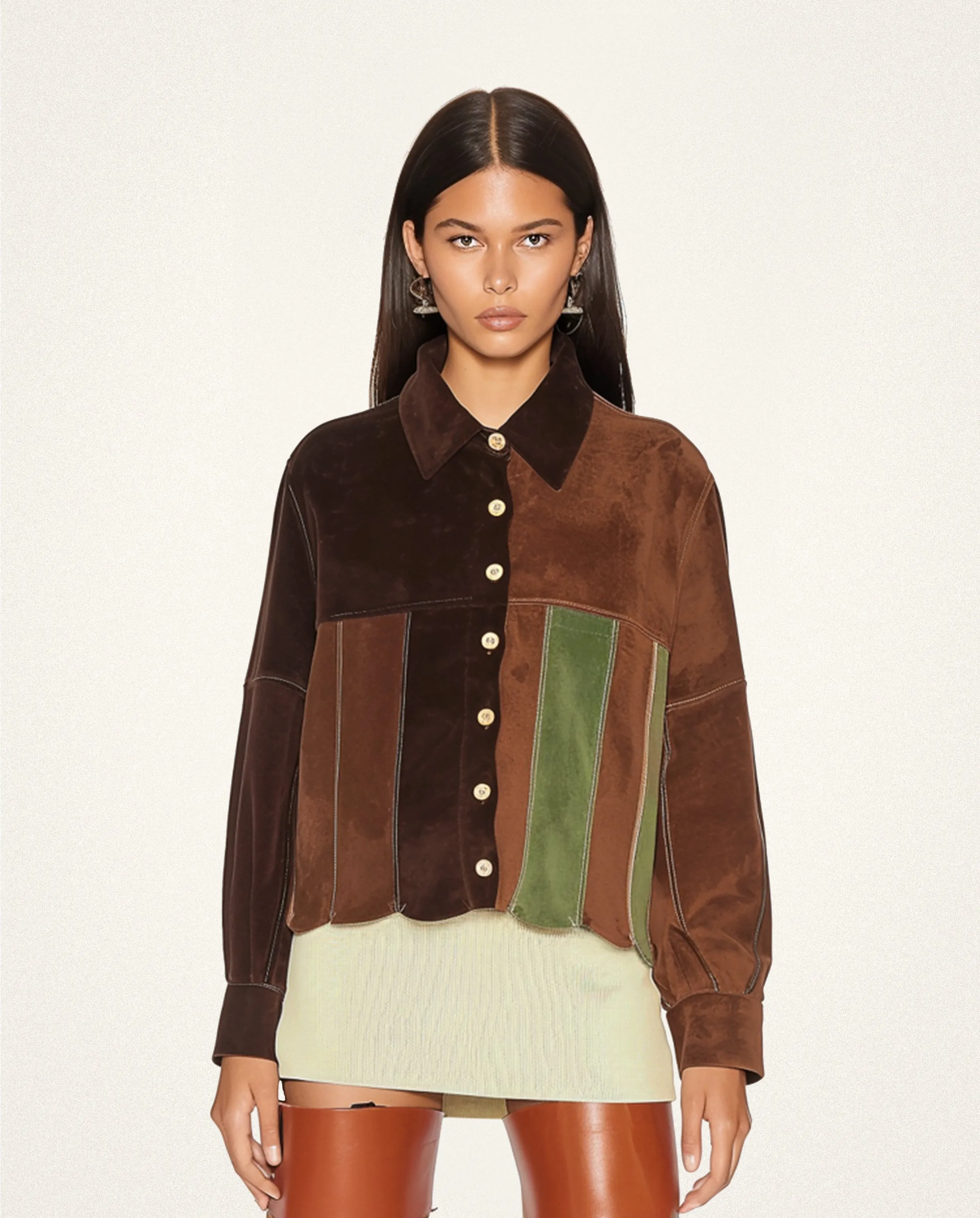 Aaliyah Patchwork Button-Up Top - Brown/Green sold by JW PEI