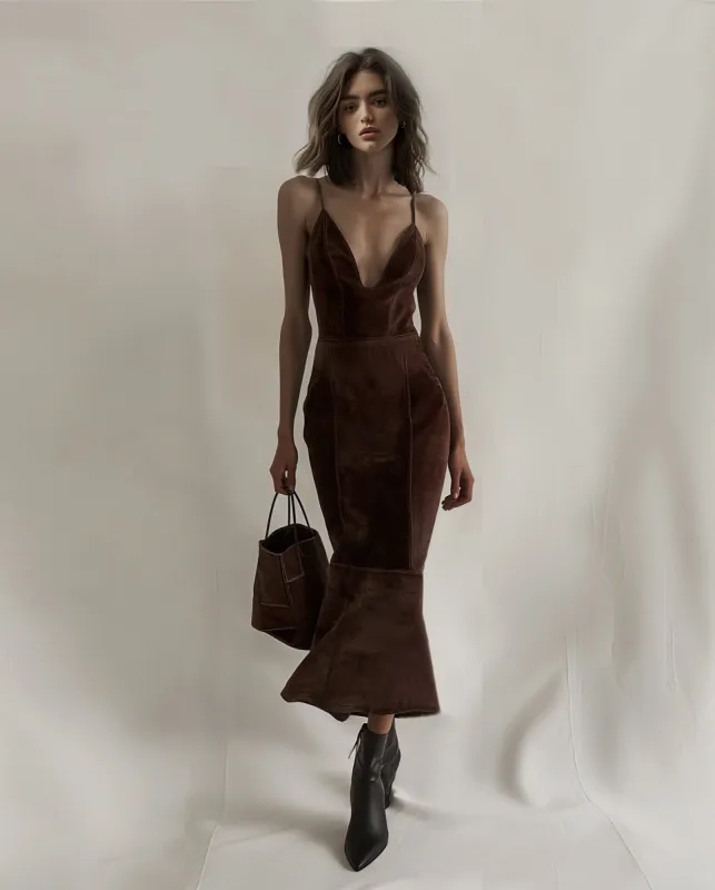 Raelynn V-Neck Flared Midi Dress - Brown sold by JW PEI