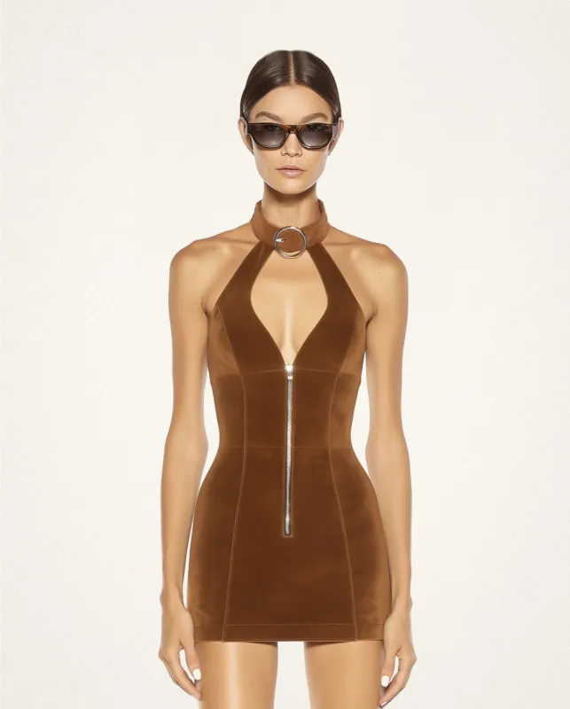 Ruby Halter Neck Zipper Mini Dress - Brown sold by JW PEI