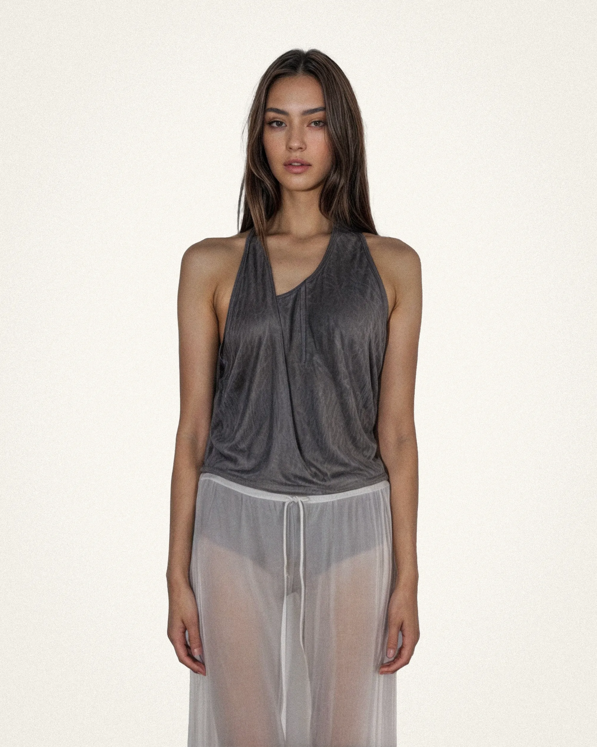 Isla Asymmetric Draped Sueded Halter Top - Taupe sold by JW PEI