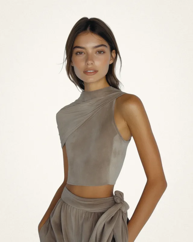 Claire One-Shoulder Sueded Crop Top - Sand sold by JW PEI