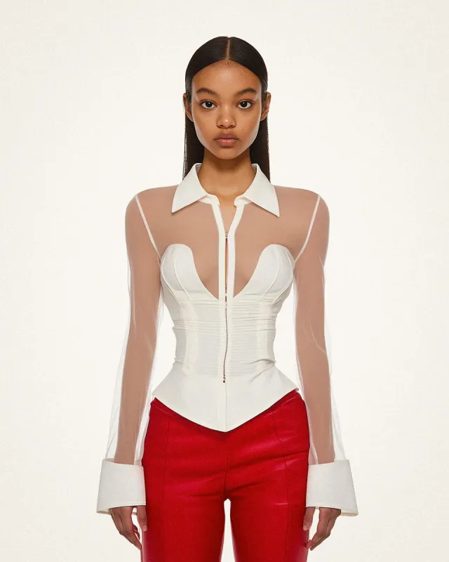 Abigail Corset-Style Top with Sheer Sleeves - White sold by JW PEI