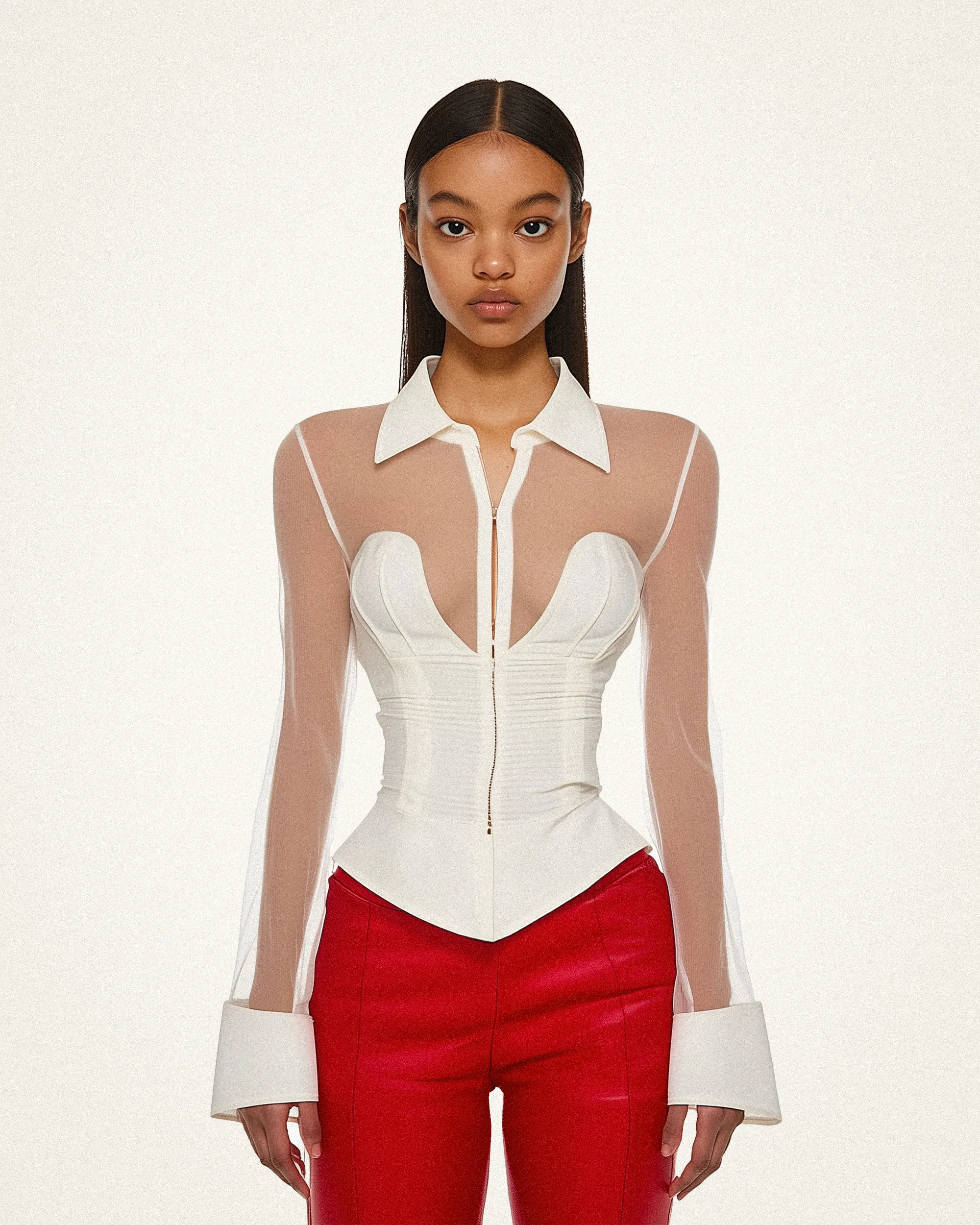 Abigail Corset-Style Top with Sheer Sleeves - White sold by JW PEI